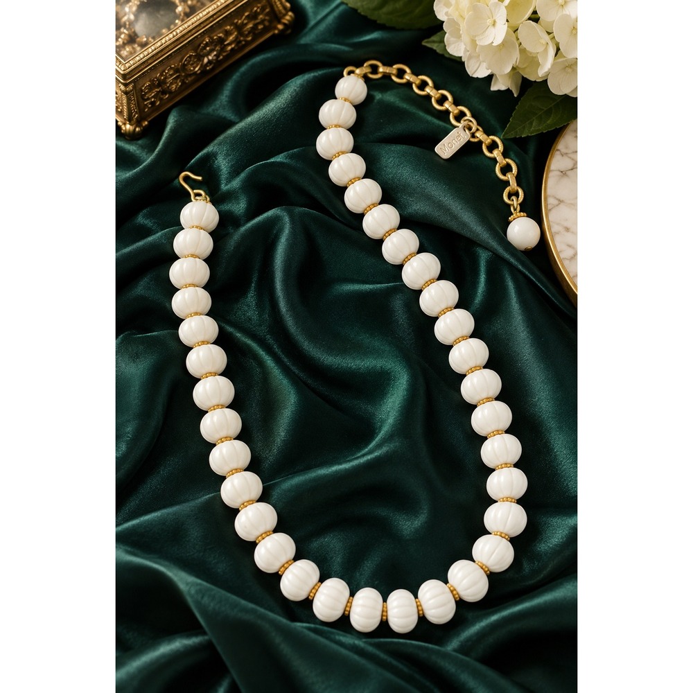 Vintage Monet White Ribbed Melon Bead Gold Tone Choker Necklace Signed